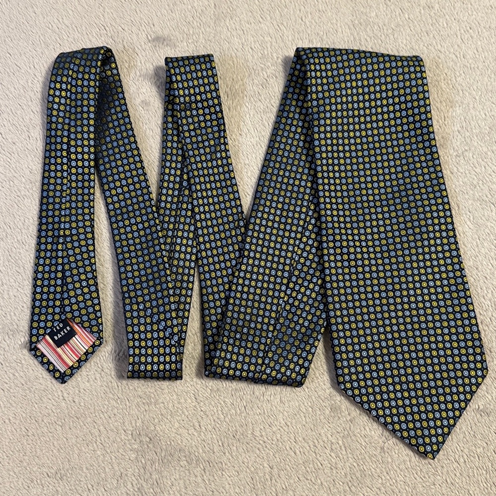 Ted Baker London Men's Necktie Navy Blue Yellow Dots Circles Silk Made in USA